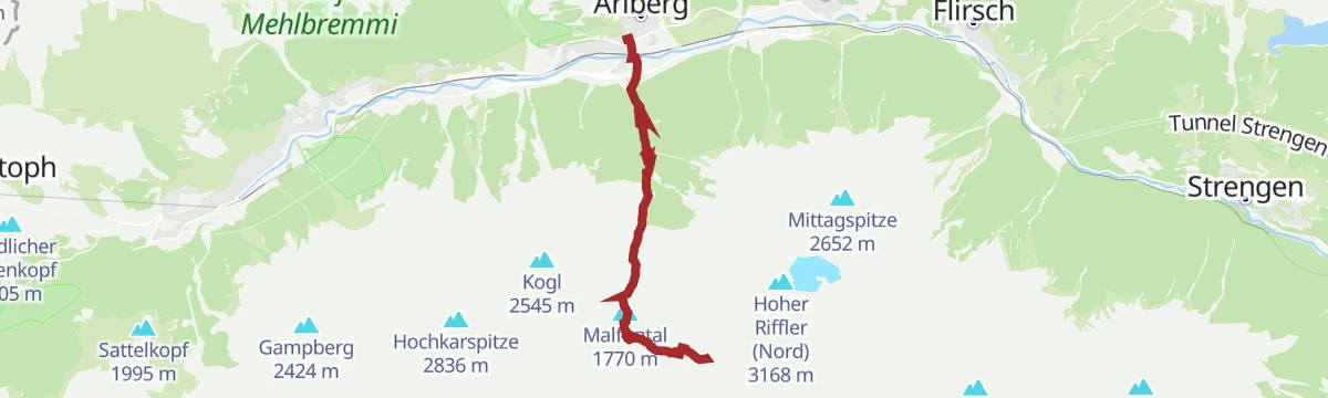 Route map: Pettneu - Malfonalpe - Edmund-Graf-Hütte